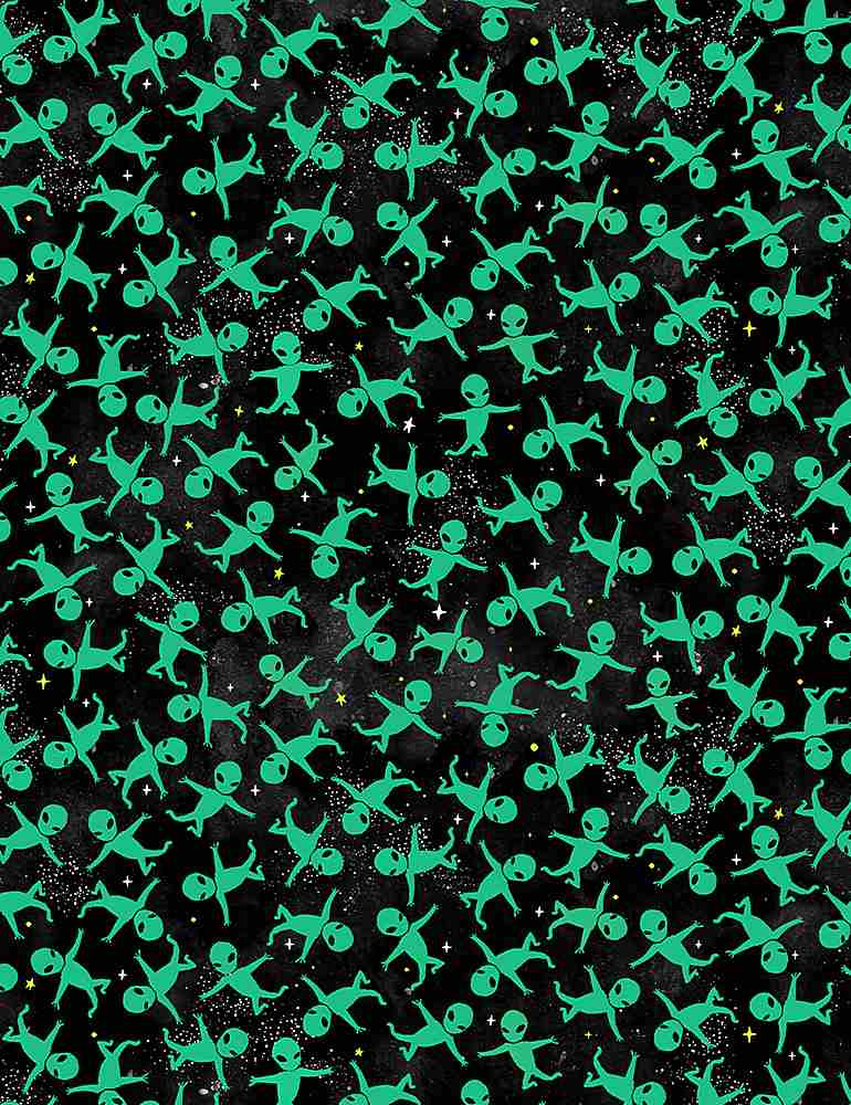 ALIEN NATION BLAST OFF! TOSSED ALIENS SPACE-CD1159  in BLACK, by Timeless Treasures, sold by the half-yard