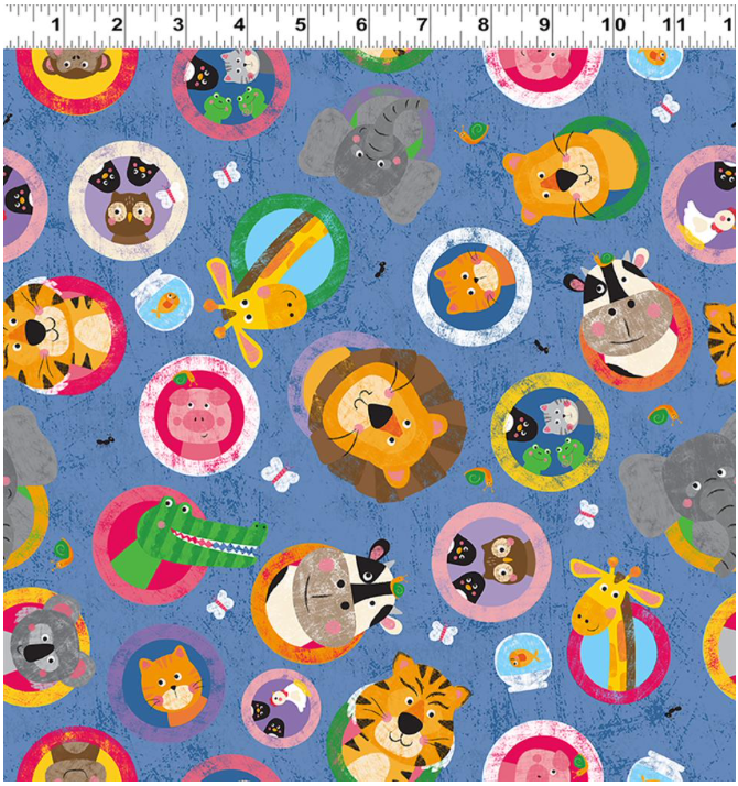 Noah & Friends Digital Porthole Animals in Denim Y3333-88 by Liza Lewis for Clothworks, sold by the half-yard