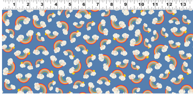 Noah & Friends Rainbows in Denim Y3335-88 by Liza Lewis for Clothworks, sold by the half-yard