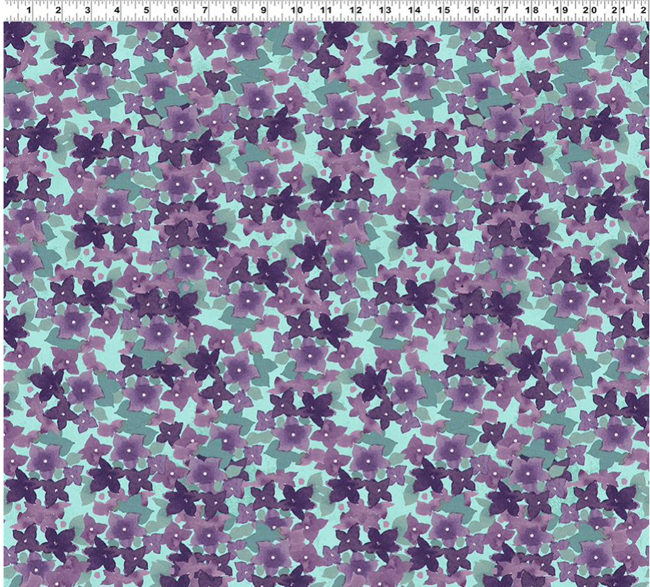 Painted Patchwork Violet Floral Y3379-32 on Light Aqua by Sue Zipkin for Clothworks, sold by the half-yard