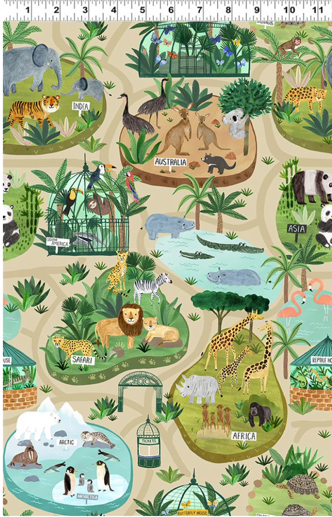 Ticket to the Zoo Digital Trail Map Y3528-60 in Dark Butter by Rebecca Jones for Clothworks, sold by the half-yard